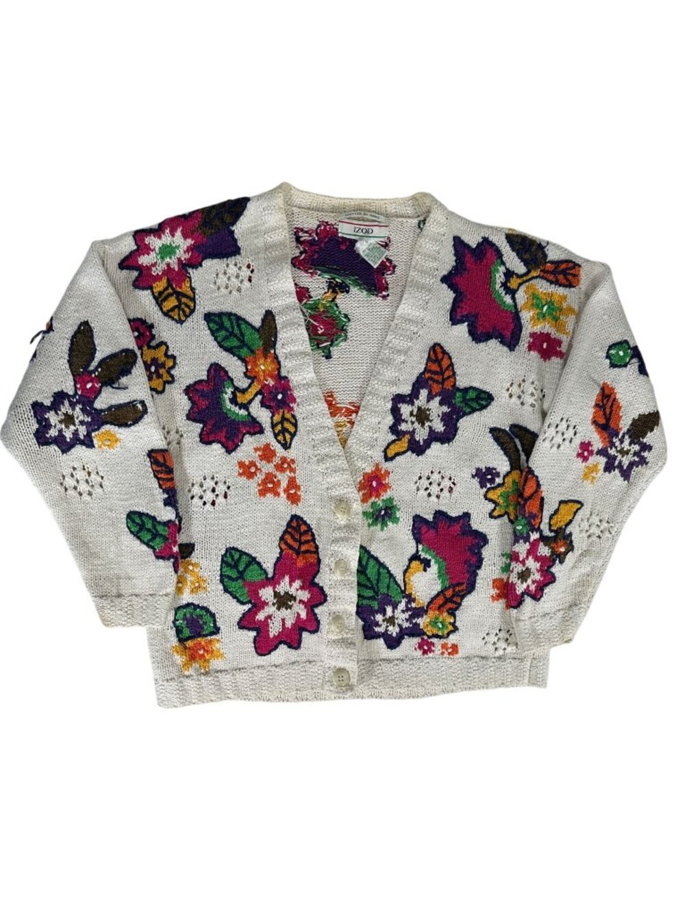 Vintage IZOD Cardigan Hand Knitted Cotton Blend Sweater Floral Womens SMALL